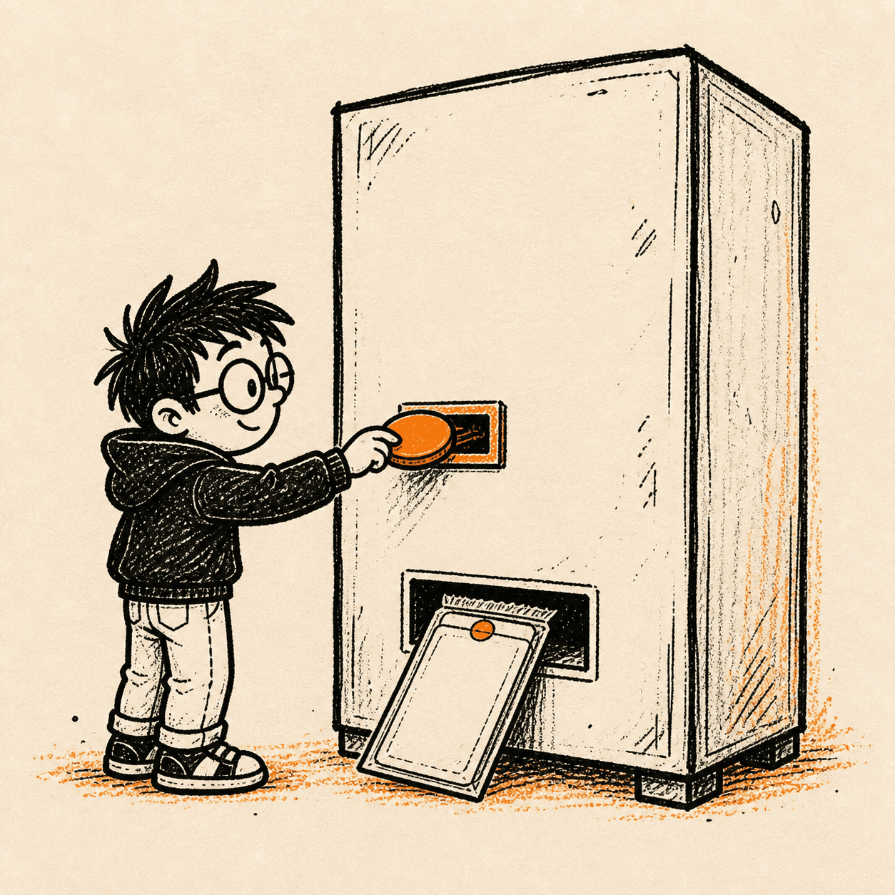 A founder feeds an orange coin into a vending machine and receives a sealed startup card.