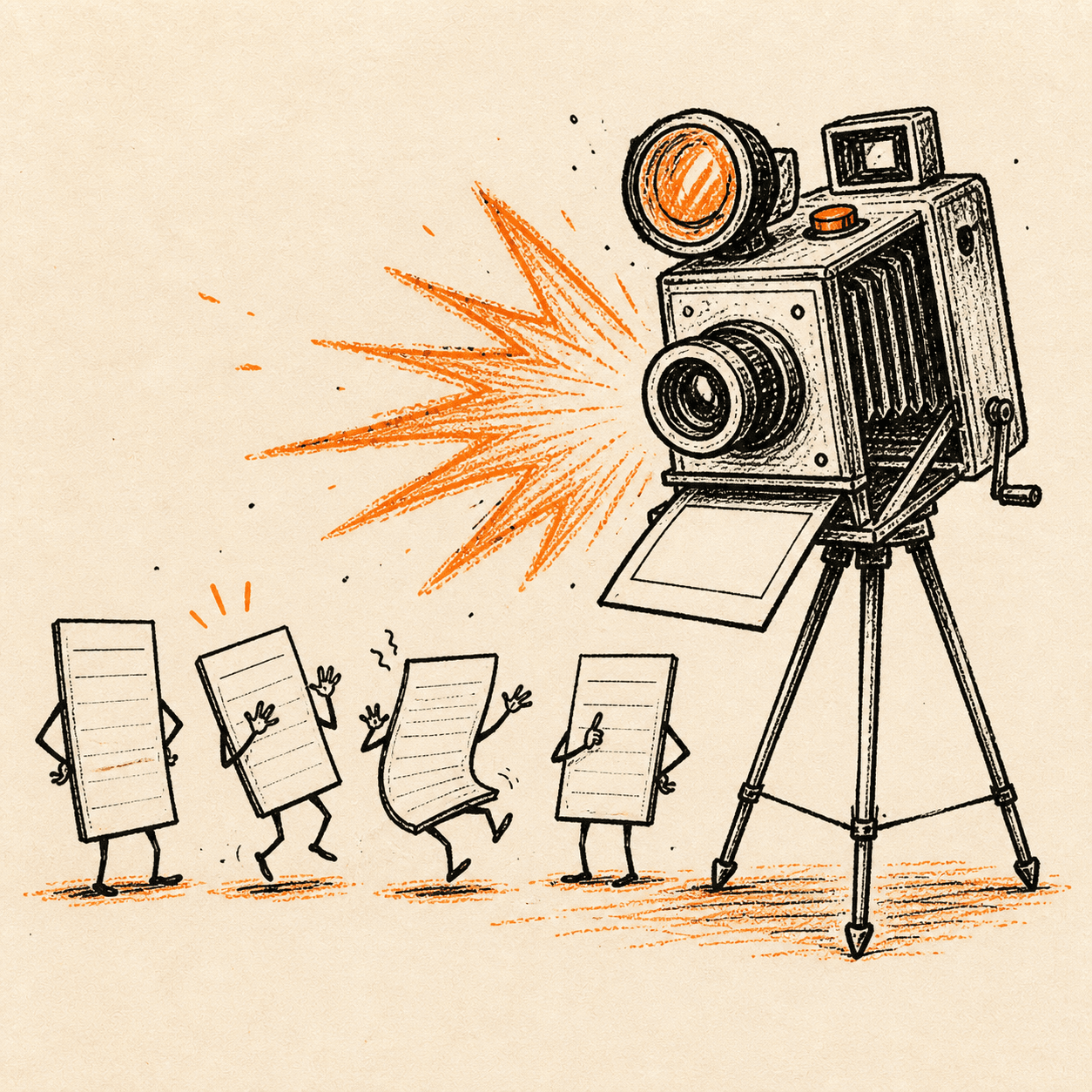 An oversized instant camera photographs the lineup of active startup cards.