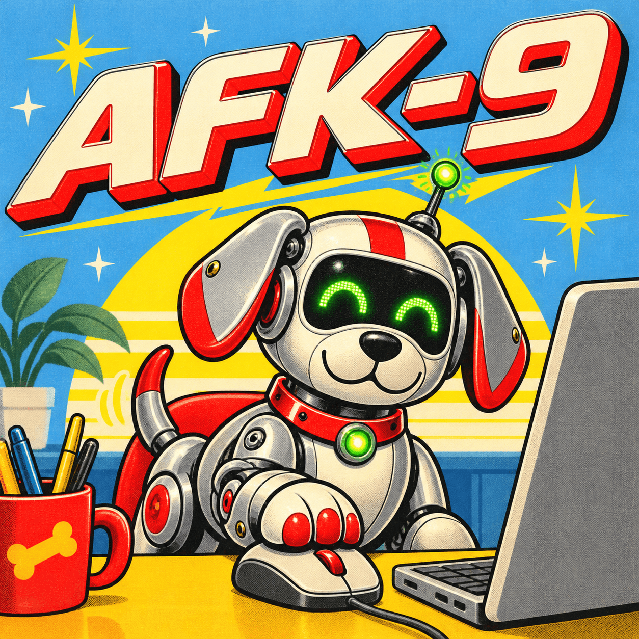 AFK-9 identity: a retro robot dog keeping its owner's computer active.