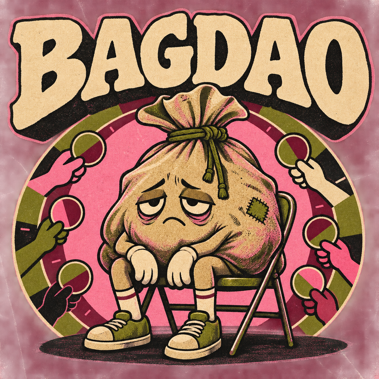 BAGDAO identity: a tired money-bag mascot sitting in a group-therapy chair.