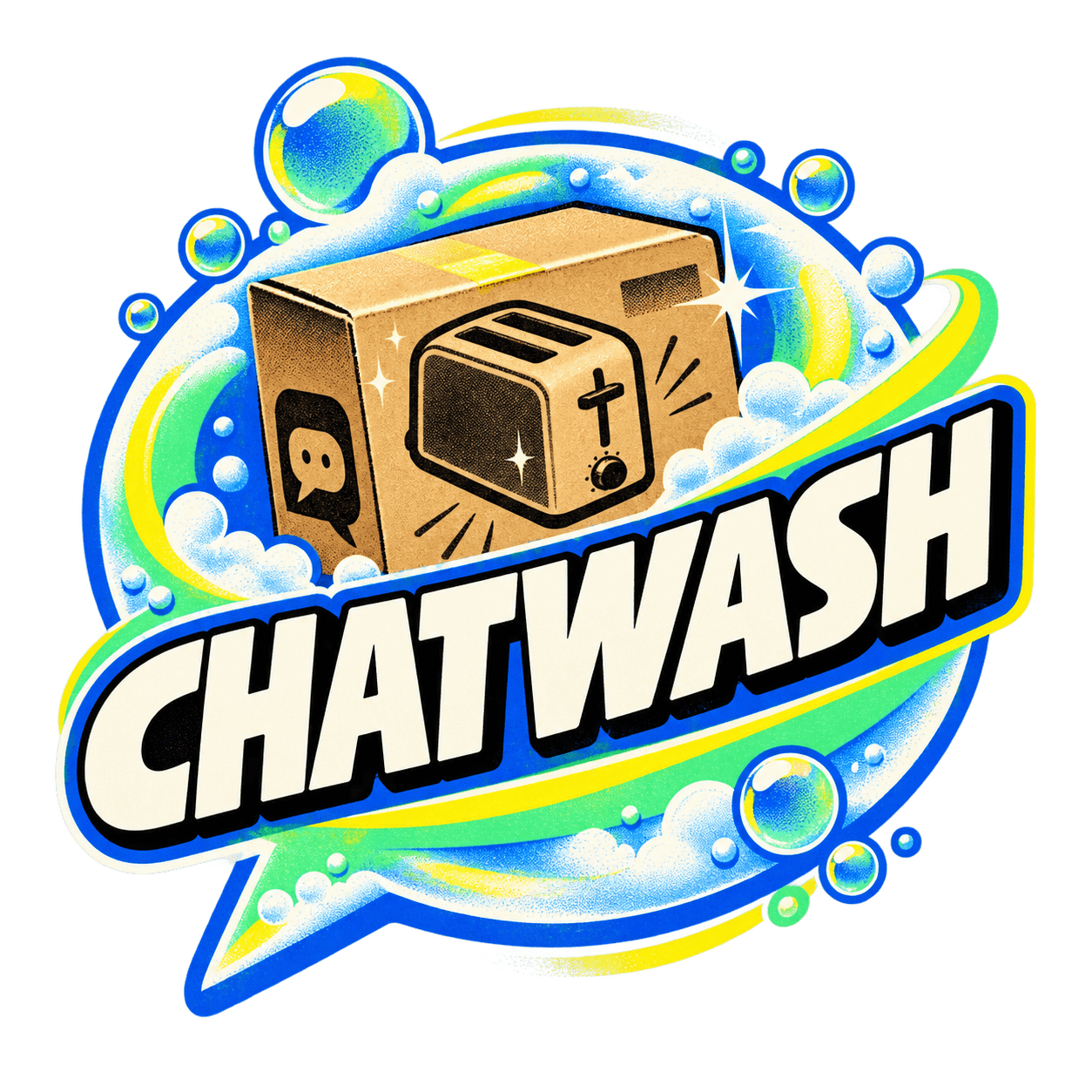 CHATWASH identity: a cardboard appliance box being washed inside a giant blue speech bubble.